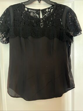 INC International Concepts Black Lace Yoke Short Sleeve Blouse